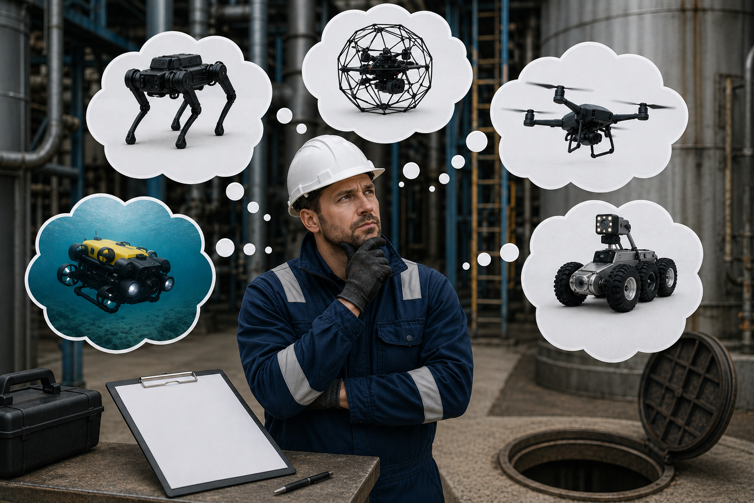 Industriearbeiter in Schutzkleidung überlegt, welches Inspektionssystem – Indoor-Drohne, Outdoor-Drohne, Laufroboter, Inspektionsroboter oder Tauchroboter – für die Aufgabe am Zugangsschacht geeignet ist