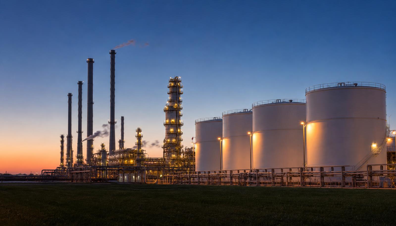 Große Industrieanlage mit Tanks, Behältern, Kolonnen und Schornsteinen in der Dämmerung