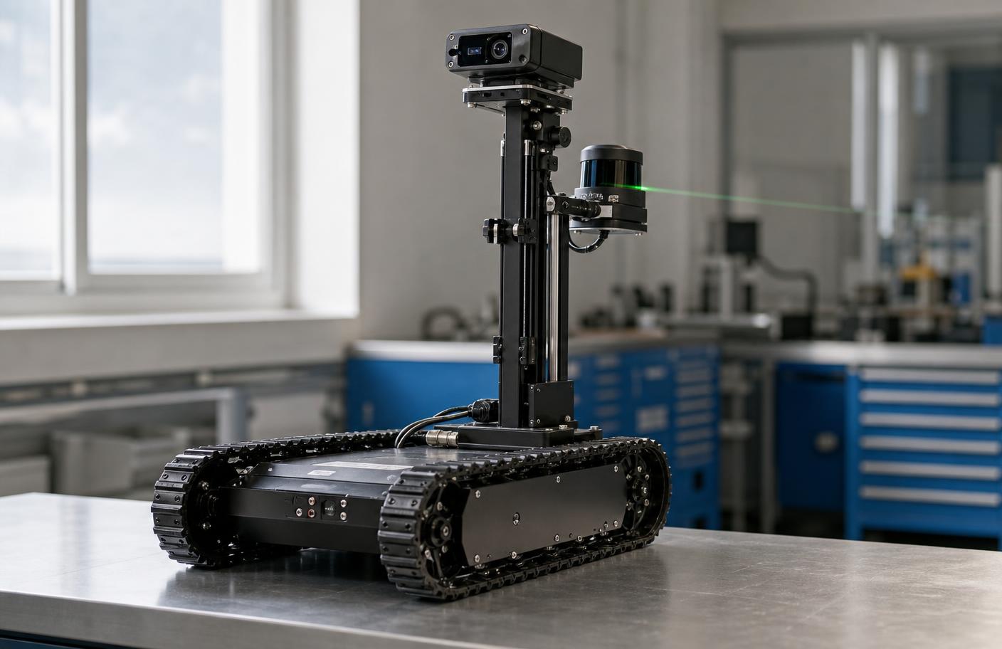 Inspektionsroboter, Indoor-Drohne und Tauchroboter nebeneinander in einer technischen Werkstatt