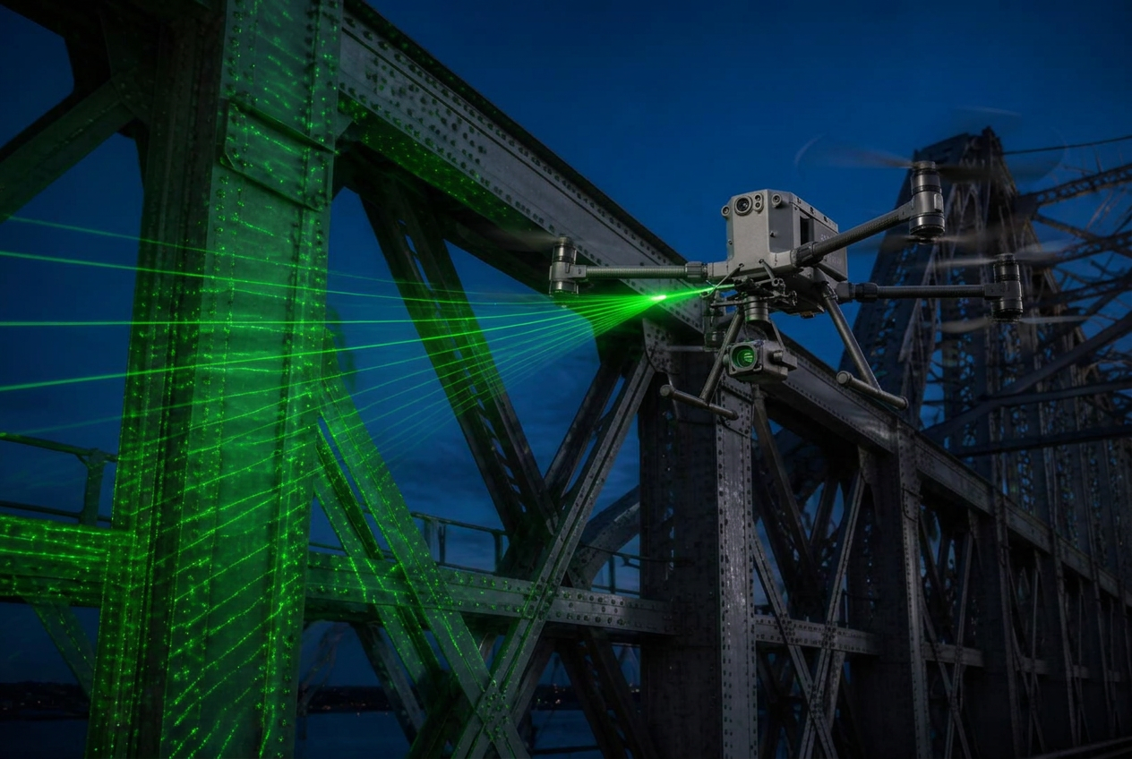 Inspektionsdrohne mit Laserscanner, deren grüne Laserstrahlen eine Stahlbrücke scannen, bei Dämmerung